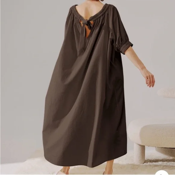 NAP Cream Tie Back Short Puff Sleeves Poplin Oversized Maxi Dress Size Small - Picture 5 of 12